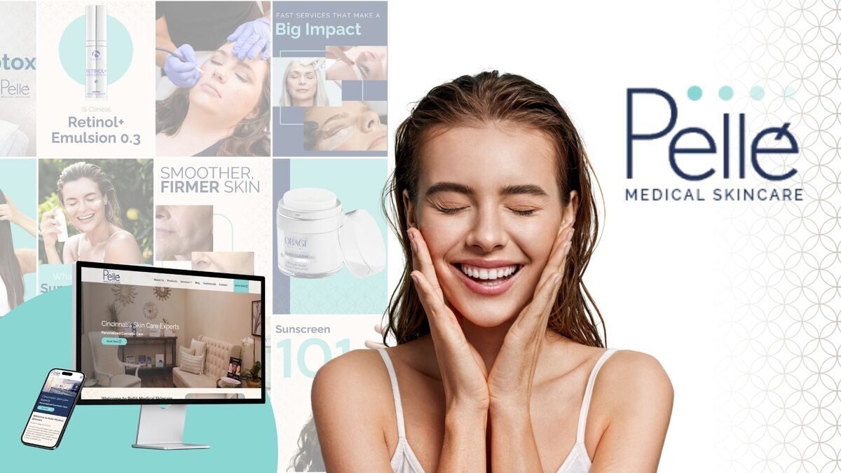 Pellé Medical Skincare logo and website with woman smiling